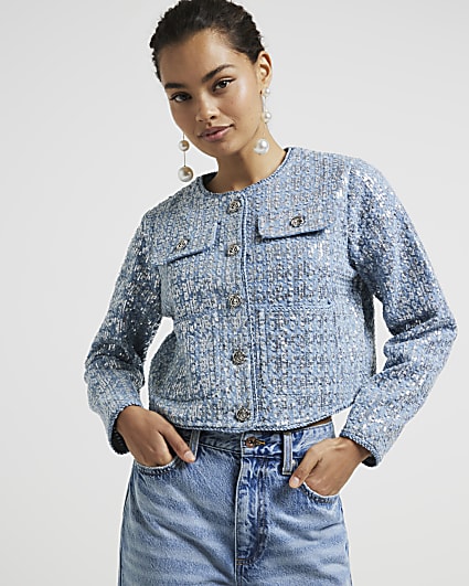 Petite blue denim sequin detail trophy jacket