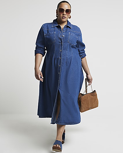 Plus blue denim midi shirt dress