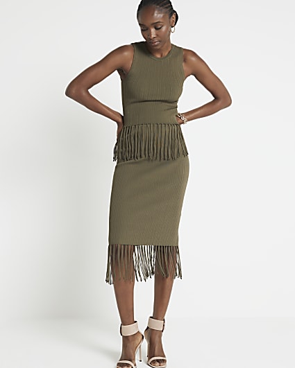 Khaki ribbed fringe vest top