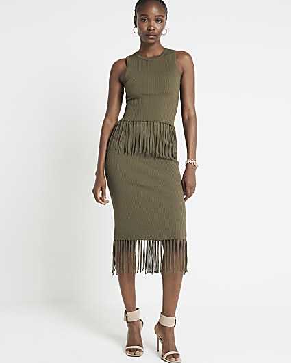 Khaki ribbed fringe midi skirt