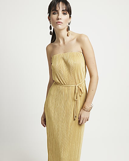 Gold plisse bandeau bodycon maxi dress