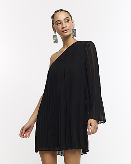 Black plisse one shoulder shift mini dress