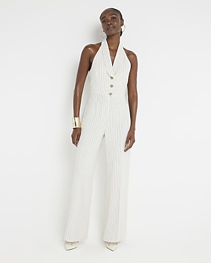 Cream Stripe Halter Neck Waistcoat Jumpsuit