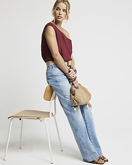 Red linen blend off shoulder top