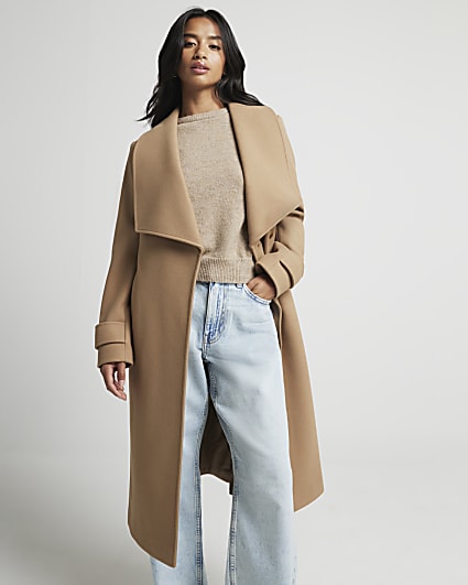 Petite beige belted wrap coat