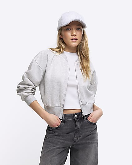 Petite Grey cropped bomber jacket