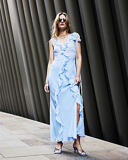 Blue chiffon frill slip maxi dress