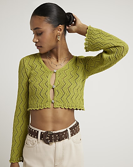 Green crochet button up cardigan