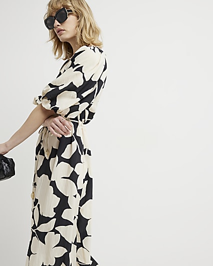 Black floral puff sleeve shift midi dress