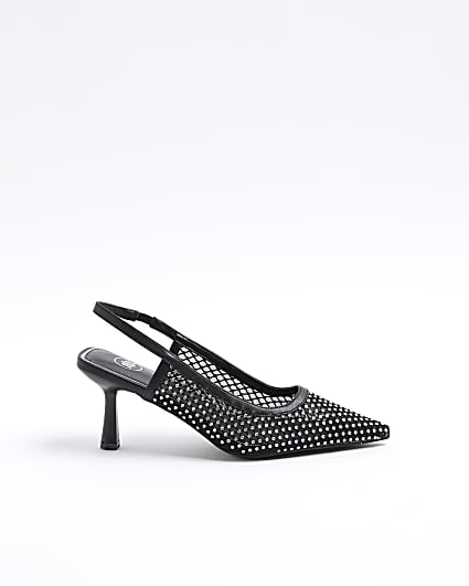 Black diamante mesh sling back heeled shoes