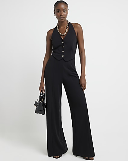 Black halter neck waistcoat jumpsuit