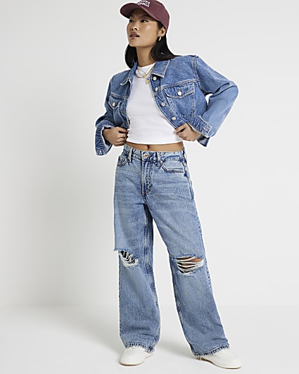 Petite blue ripped relaxed straight jeans