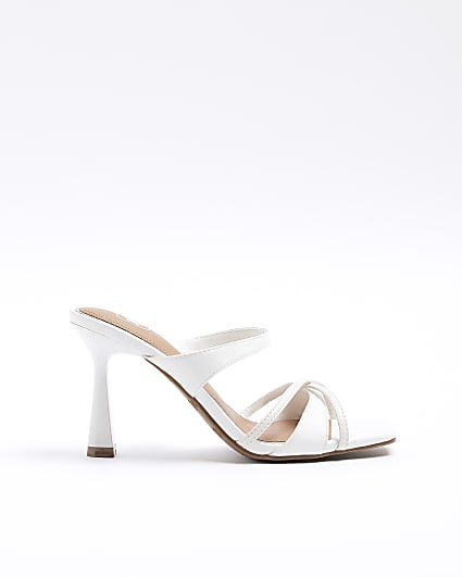 White cross strap heeled mule sandals