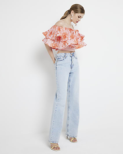 Pink Floral Plisse Frill Bardot Top