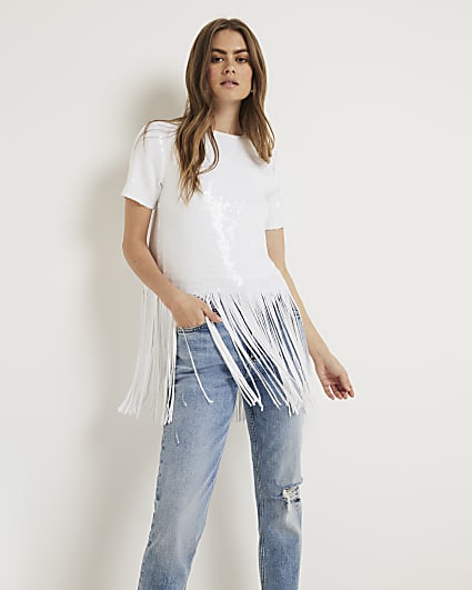 White sequin fringe detail t-shirt