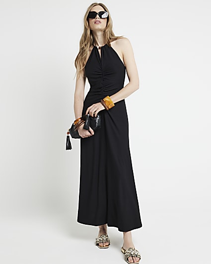 Black ruched halter neck bodycon maxi dress