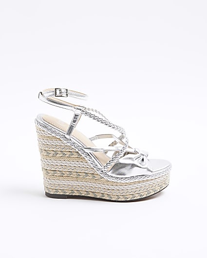 Silver strappy wedge espadrille sandals