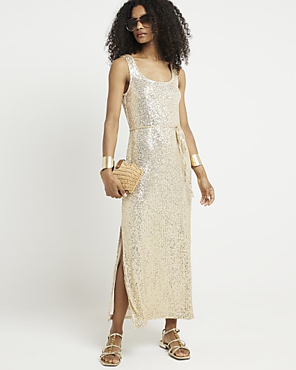 Gold sequin tie waist slip midi dress