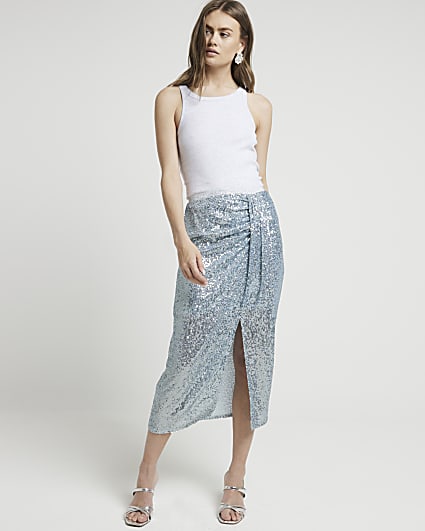 Blue sequin drape midi skirt