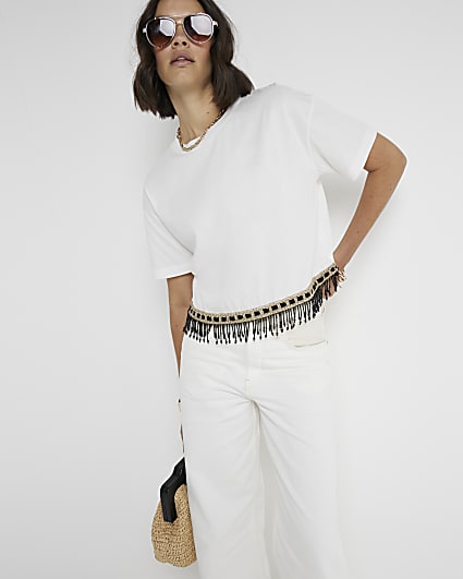 White Fringed Embellished T-Shirt