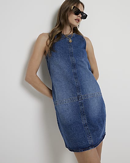 Blue stitched denim shift mini dress