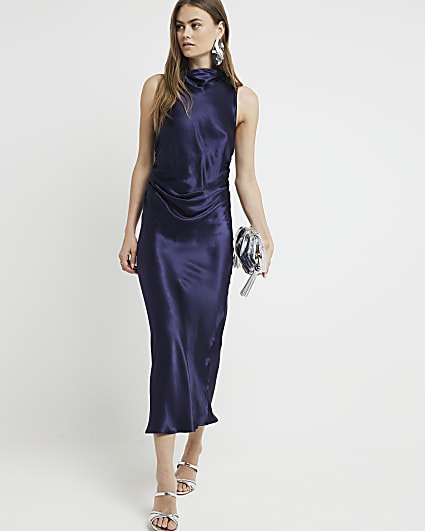 Navy satin halter cowl neck midi dress