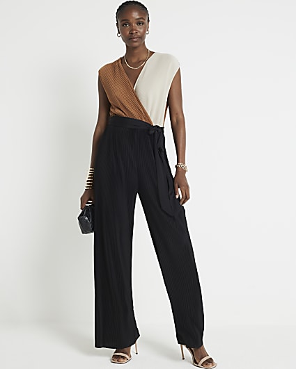 Brown plisse belted wrap jumpsuit