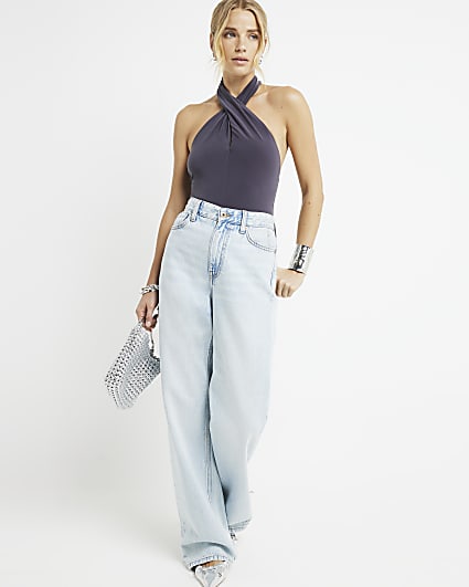 Grey twist halter neck top