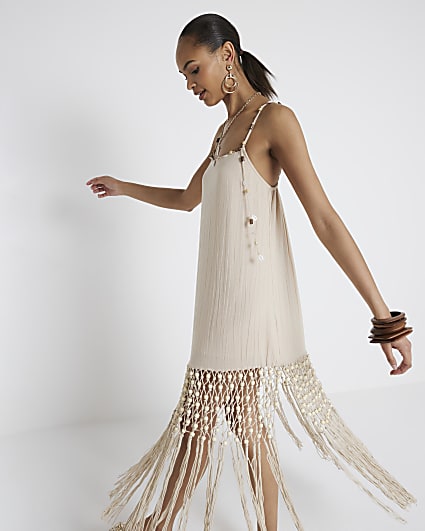 Cream Macrame Fringe Beach Mini Dress