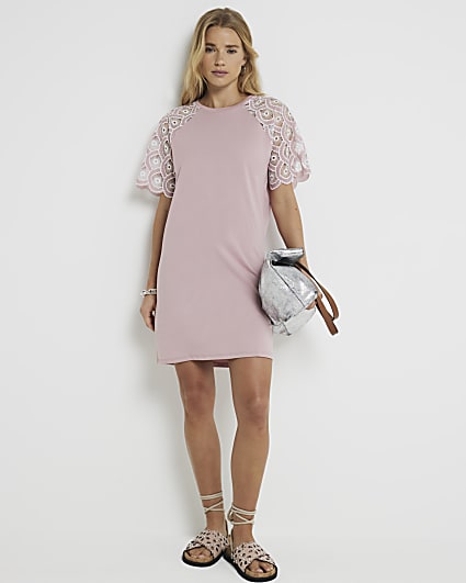 Pink broderie sleeve t-shirt mini dress