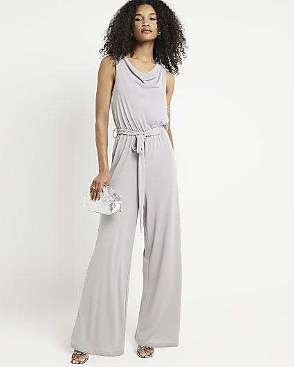 Grey cowl neck belted jumpsuit