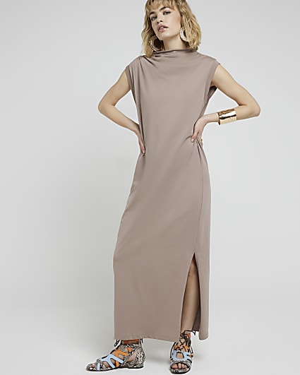 Beige drape neck shift maxi dress