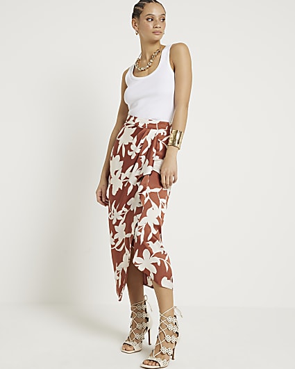 Brown floral wrap midi skirt