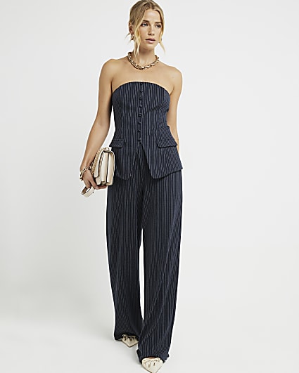 Navy Stripe Wide Leg Trousers