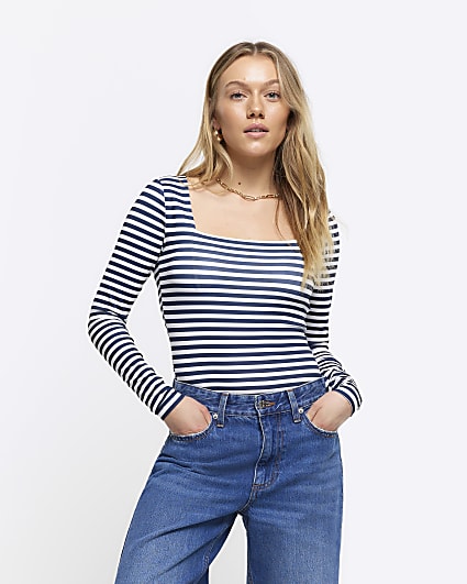 Petite navy stripe long sleeve bodysuit