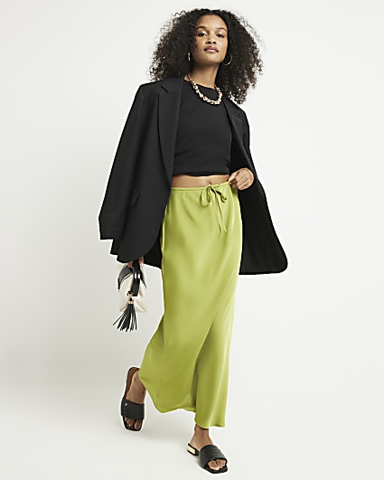 Green tie waist satin maxi skirt