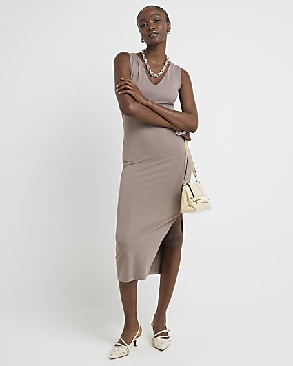 Brown V neck bodycon midi dress