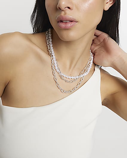 Silver Pearl Chain Multirow Necklace