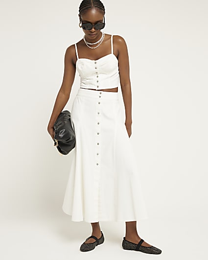 White denim button up midi skirt