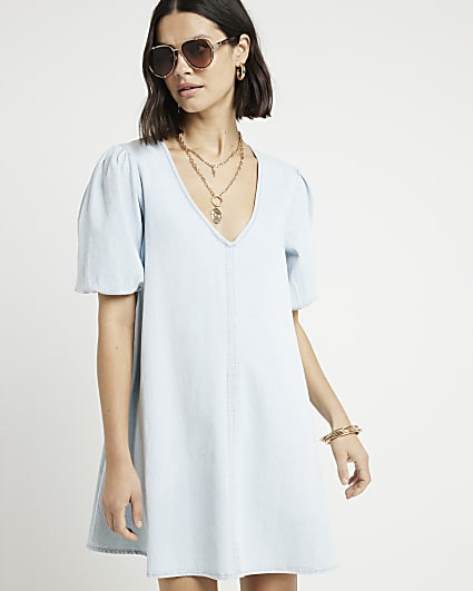 Blue denim puff sleeve smock mini dress