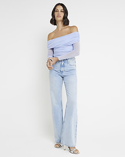 Blue mesh ruched bardot top