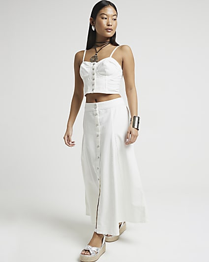 Petite White Denim Button Up Midi Skirt