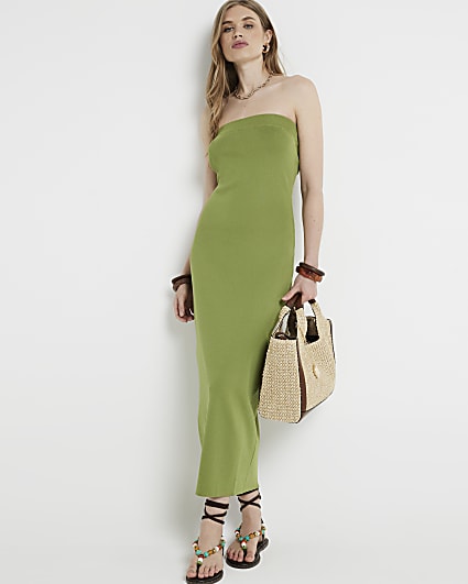 Green knit Bandeau Bodycon Midi dress