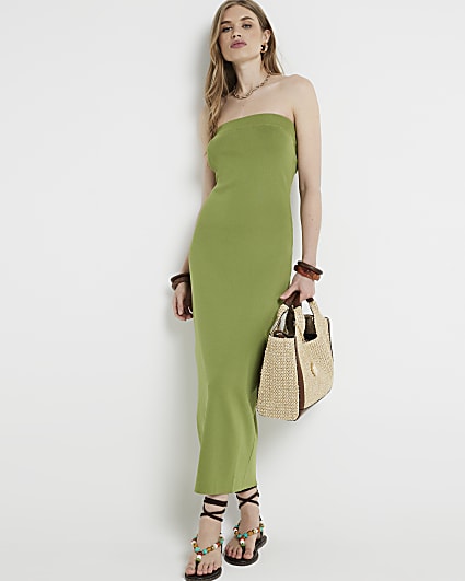 Green knit Bandeau Bodycon Midi dress