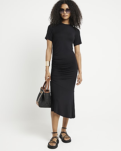 Black ruched side t-shirt midi dress