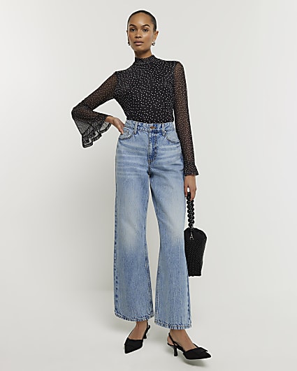 Black spot mesh sleeve blouse