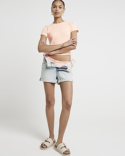 Pink Ribbed Cropped T-Shirt