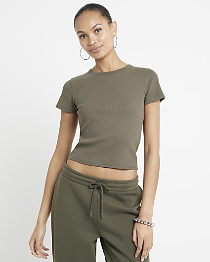 Khaki ribbed cropped t-shirt