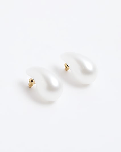 White Pearl Drop Stud Earrings