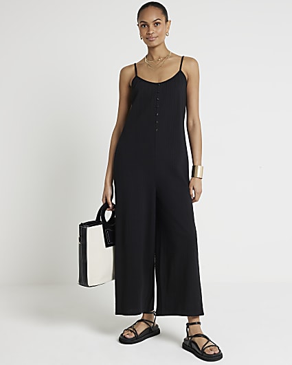 Black textured button jumpsuit